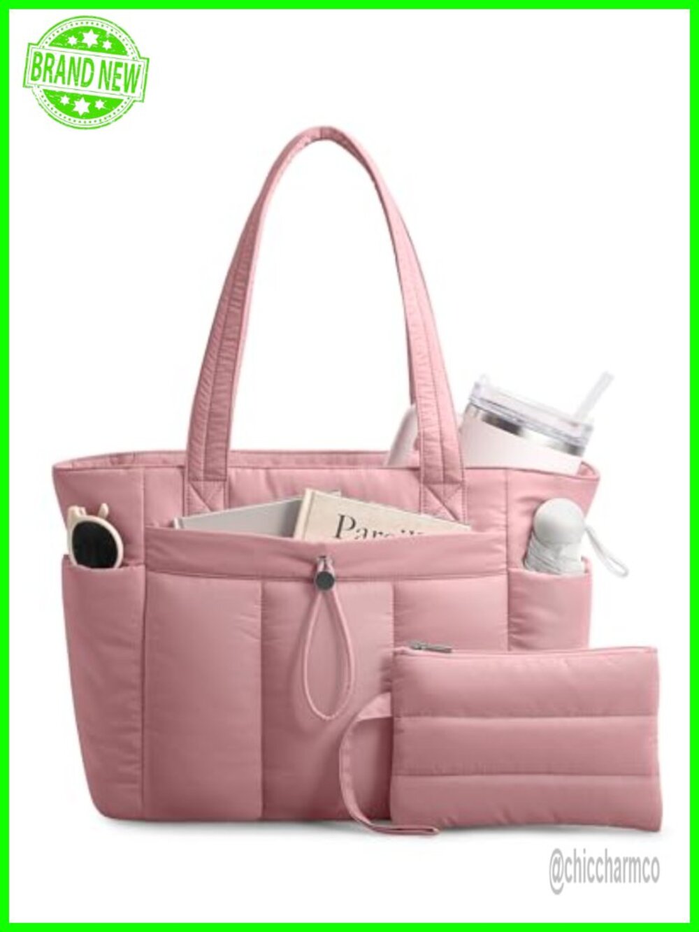 Puffy Tote Bag for Women with Cup Holder Laptop Compartment Travel Work
